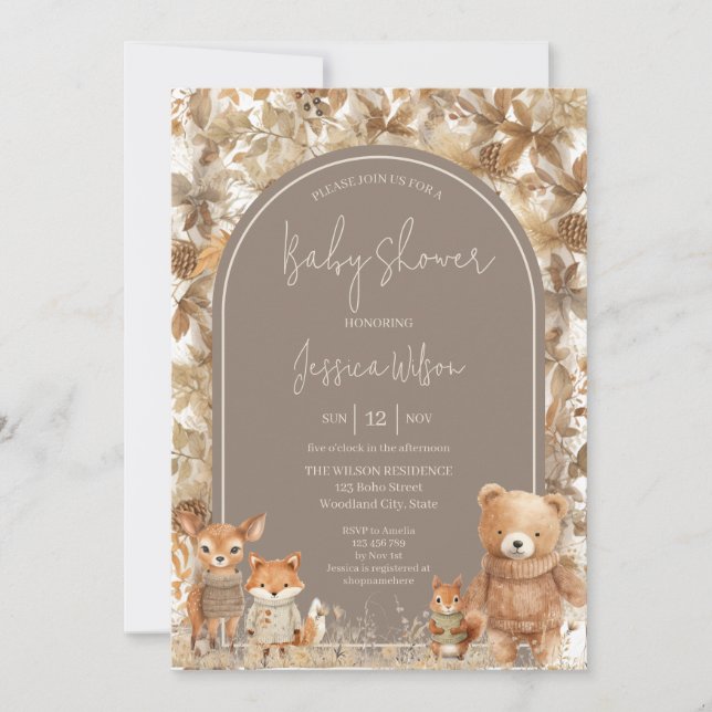 Boho Arch Fall Woodland Animals Baby Shower Inbjudningar (Framsida)
