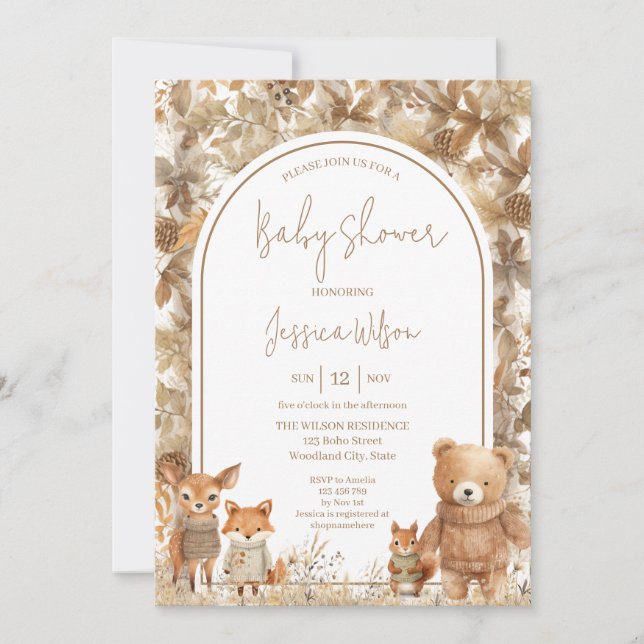 Boho Arch Fall Woodland Animals Baby Shower Inbjudningar (Framsida)