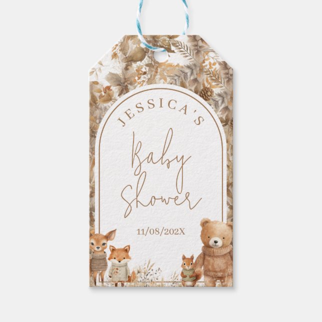 Boho Arch Fall Woodland Animals Baby Shower Presentetikett (Framsidan)