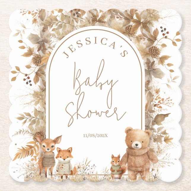 Boho Arch Fall Woodland Animals Baby Shower Underlägg Papper (Framsida)