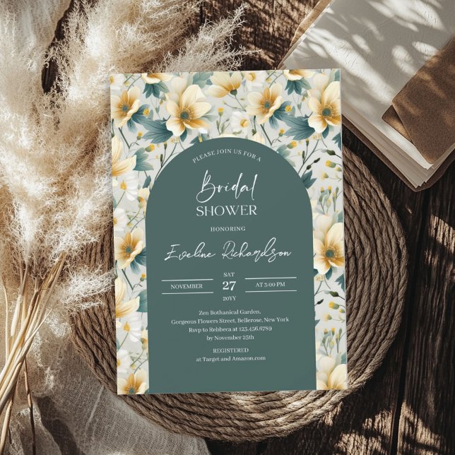 Boho arch-färgad dammig gult av grönt inbjudningar (Boho arch colorful dusty green yellow wildflowers invitation)