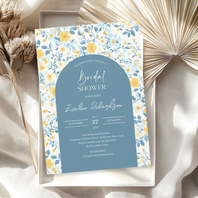 Boho arch-färgad ljusblå gult visblommor inbjudningar (Boho arch colorful light blue yellow wildflowers invitation)