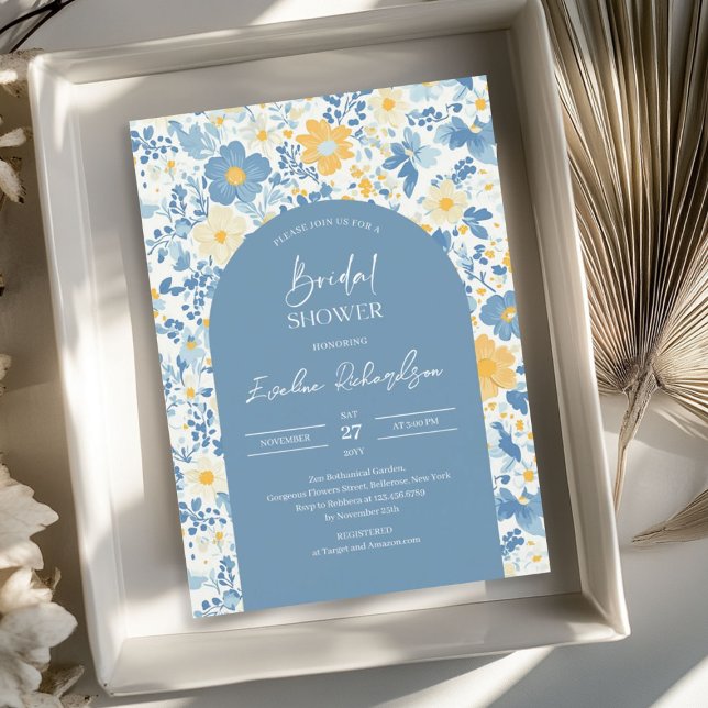 Boho arch-färgad ljusblå gult visblommor inbjudningar (Boho arch colorful light blue yellow wildflowers invitation)