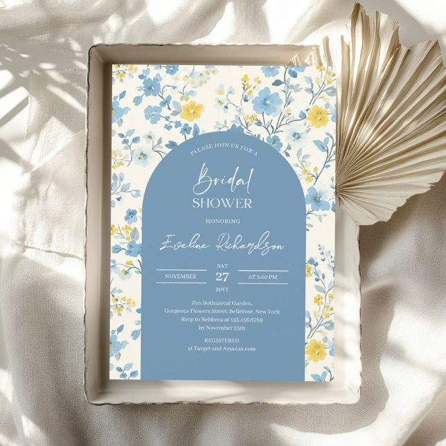 Boho arch-färgad ljusblå gult visblommor inbjudningar (Boho arch colorful light blue yellow wildflowers invitation)