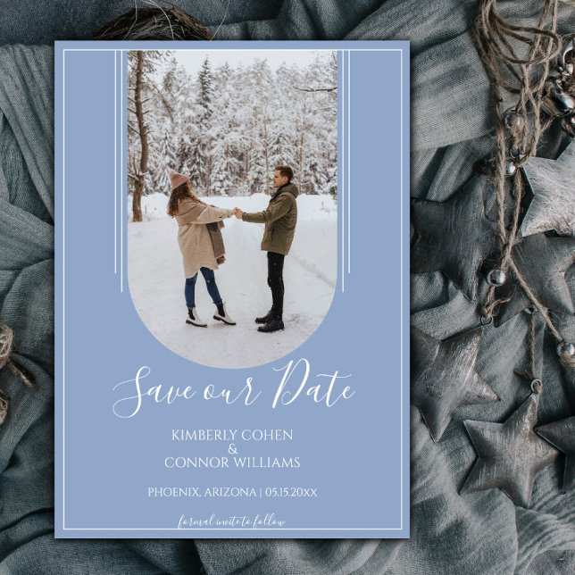 Boho Arch Foto Spara datum | Dammig blå Datumet (Dusty Blue Arch Photo Save the Date)