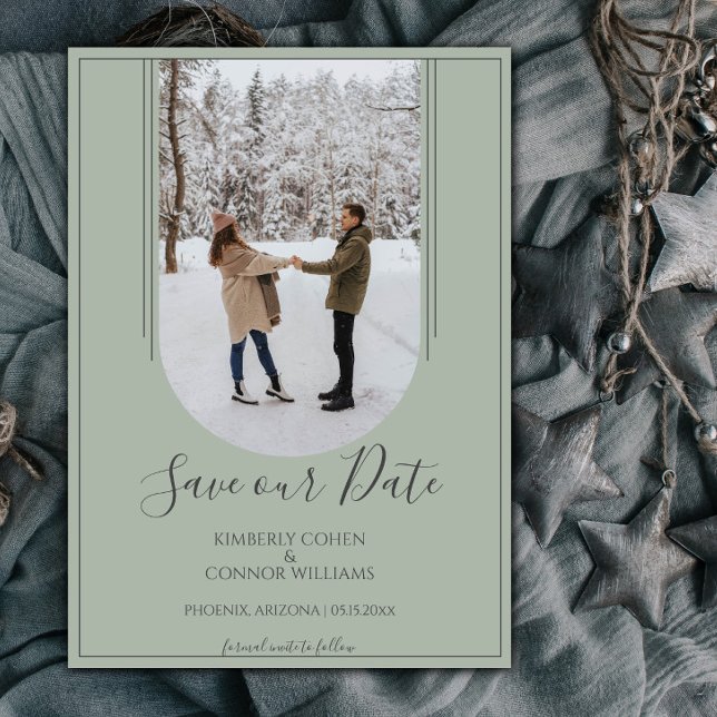 Boho Arch Foto Spara datum | Salvia grön Datumet (Sage Green Arch Photo Save the Date)