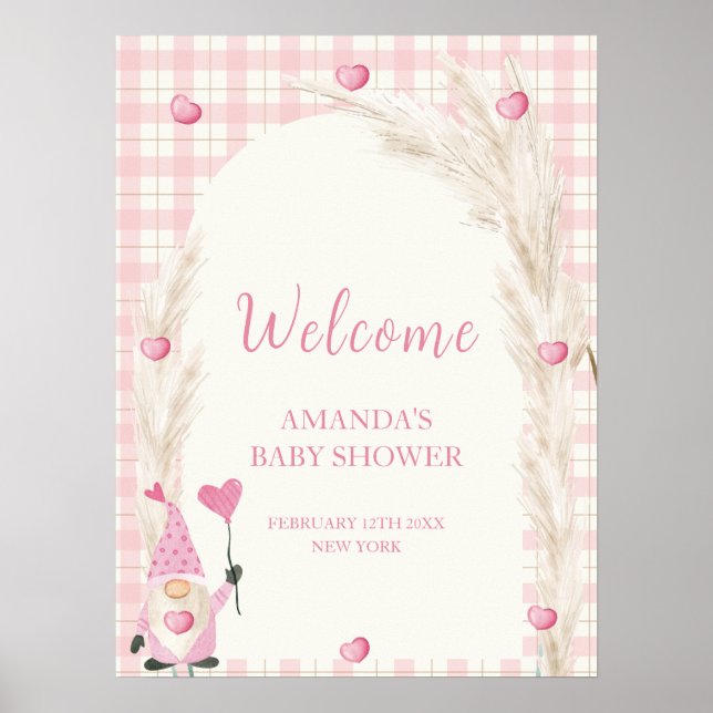 Boho Arch Gingham Baby Shower Välkommen Poster (Framsidan)