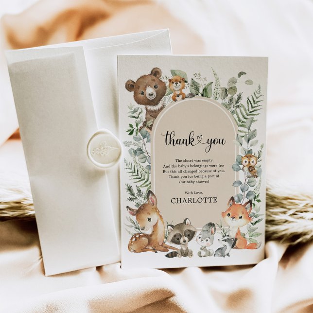 Boho Arch Greenery Woodland Animals Baby Shower Tack Kort (Skapare uppladdad)