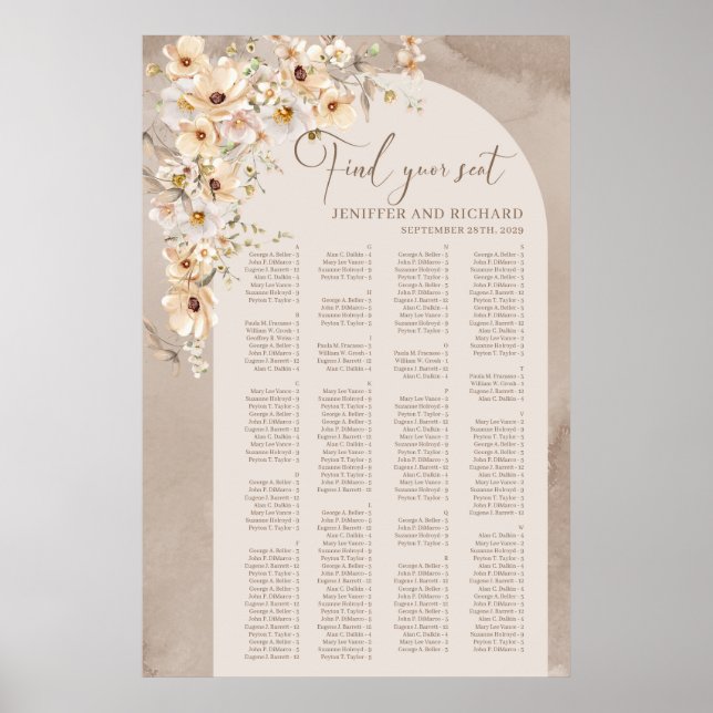 Boho arch ivory wildblommor Alphabetical Seating Poster (Framsidan)