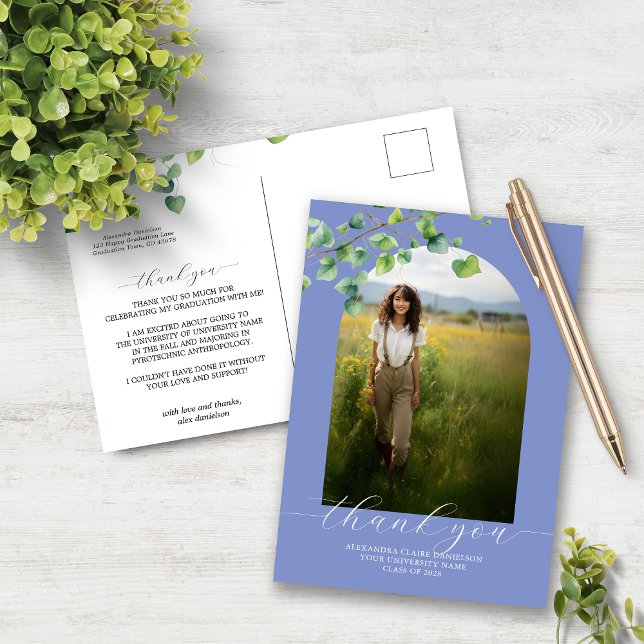 Boho Arch Ivy CornblommBlue Grad Tack Vykort (Skapare uppladdad)