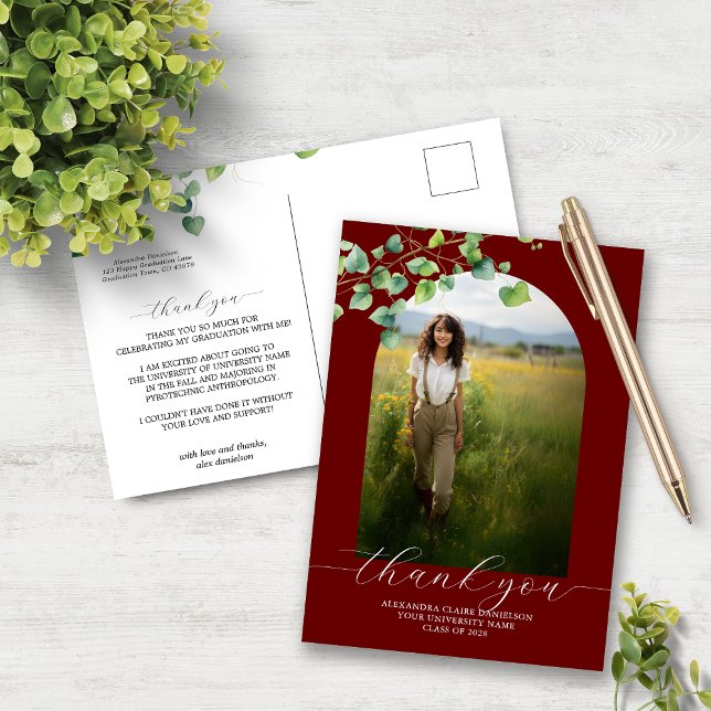 Boho Arch Ivy Mörk Red Studenten Tack Vykort (Skapare uppladdad)