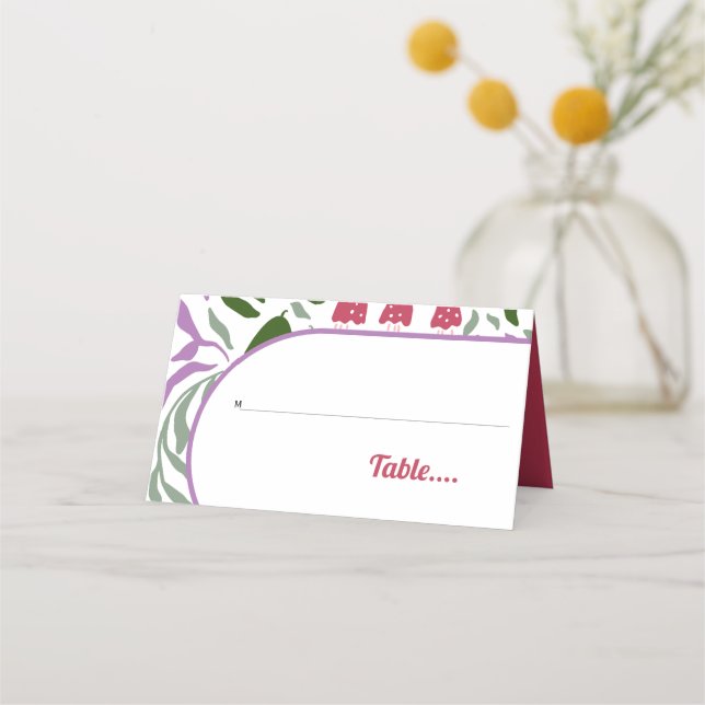 Boho arch med retrofolklore-blommor bröllop placeringskort (Framsida)