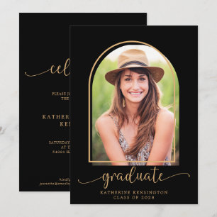 Boho Arch minimalist Black Guld Photo Studenten Inbjudningar