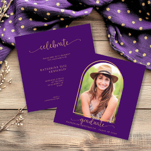 Boho Arch minimalist Lila Guld Photo Studenten Inbjudningar