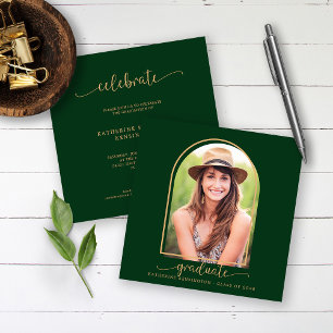 Boho Arch Mörk grönt Guld Photo Studenten Inbjudningar
