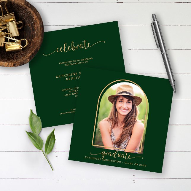 Boho Arch Mörk grönt Guld Photo Studenten Inbjudningar (Skapare uppladdad)