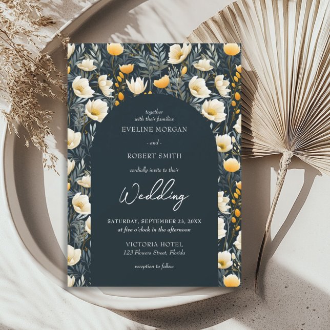Boho arch mörk grönt gult elfenbensblommor vild inbjudningar (Boho arch dark green yellow ivory wild flowers invitation)