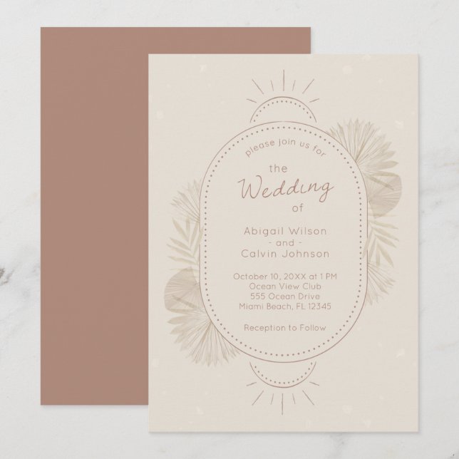 Boho Arch och Handflatan Terracotta och Ivory Bröl Inbjudningar (Fram/baksida)