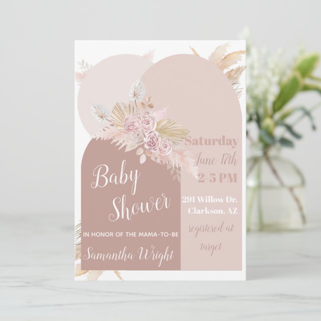 Boho Arch Pampas Baby Shower-inbjudan Inbjudningar (Stående Fram)