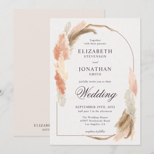 Boho arch pampas gräsas modern bröllopsinbjudan inbjudningar (Fram/baksida)