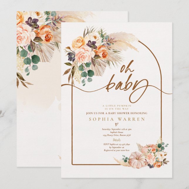 Boho Arch Pampas Grass Pumpkin Baby Shower  Inbjudningar (Fram/baksida)