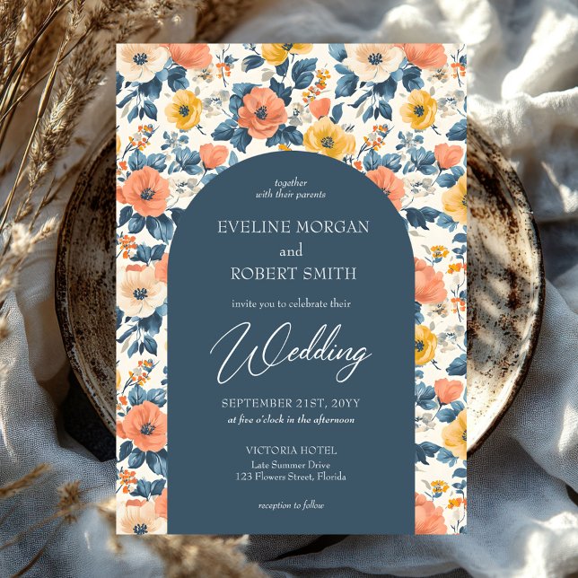 Boho arch Peach gult and krämblommor vild Inbjudningar (colorful watercolor cottage wild flowers orange cream and dark blue wedding invitation)
