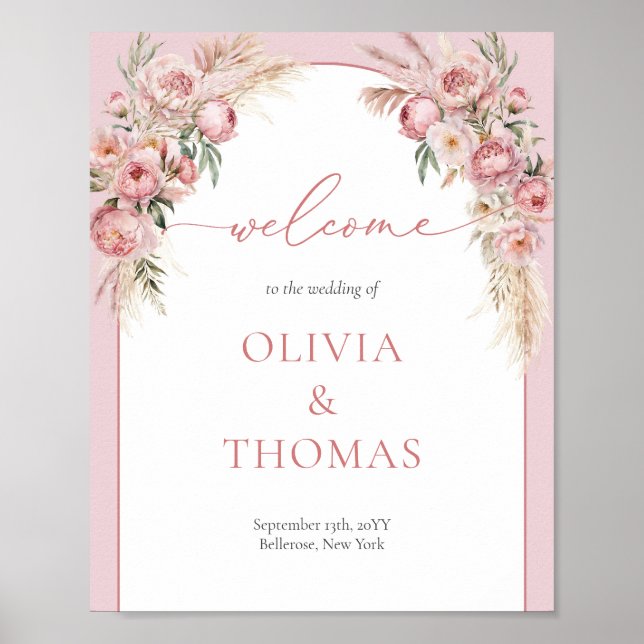 Boho arch  peonies pampas grässaft välkomna poster (Framsidan)