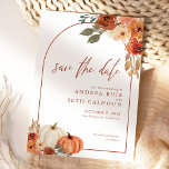 Boho Arch Pumpkin Fall Blommigt Terracotta Spara Datumet<br><div class="desc">Spara datuminbjudningarna på vackra höst färger med pumpor och blommigt.</div>