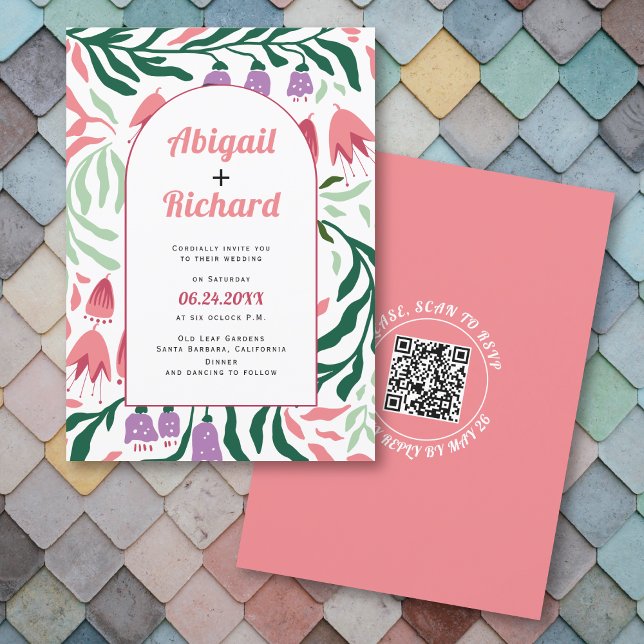 Boho arch retro grenar, blommor QR-kod bröllop Inbjudningar (Skapare uppladdad)