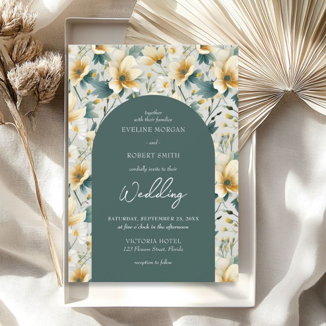 Boho arch sage grönt gult elfenbensblommor vild inbjudningar (Boho arch sage green yellow ivory wild flowers invitation)