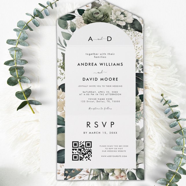 Boho Arch Sage Grönt Ivory Blommigt QR-koden Bröll (Skapare uppladdad)