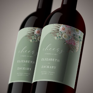 Boho Arch Tropical Blommigt Sage Grönt Bröllop Vinflaska Etikett