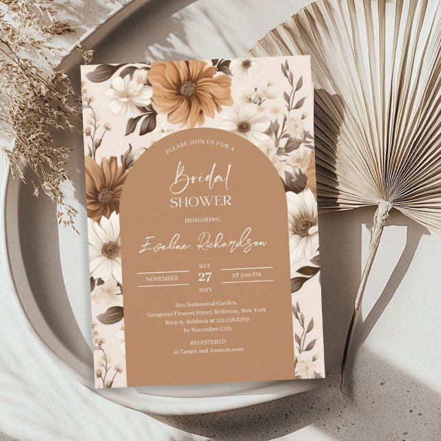 Boho arch vattencolor brunhues höstblommor inbjudningar (Boho arch watercolor brown hues autumn wildflowers invitation)
