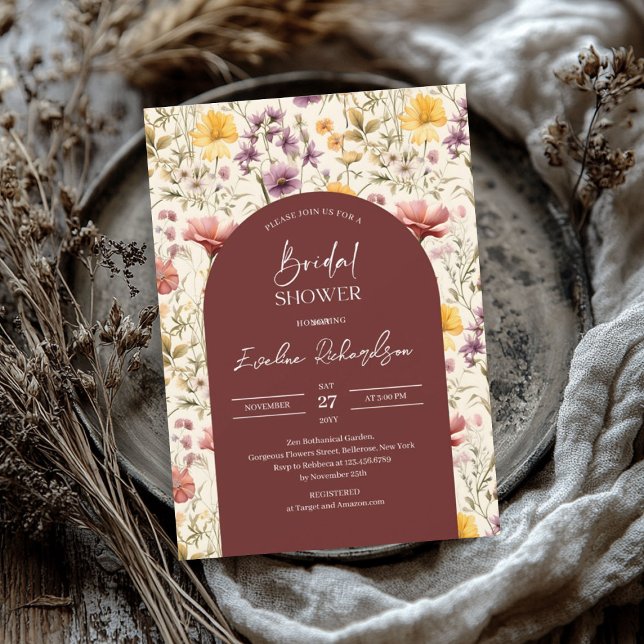 Boho arch vattencolor burgundy gult wildblomma inbjudningar (Boho arch watercolor burgundy yellow wildflowers invitation)