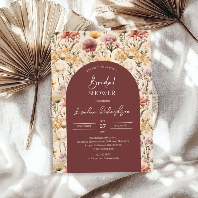 Boho arch vattencolor burgundy gult wildblomma inbjudningar (Boho arch watercolor burgundy yellow wildflowers invitation)