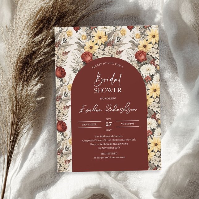 Boho arch vattencolor crimum red gult wildblomma inbjudningar (Boho arch watercolor crimson red yellow wildflower invitation)