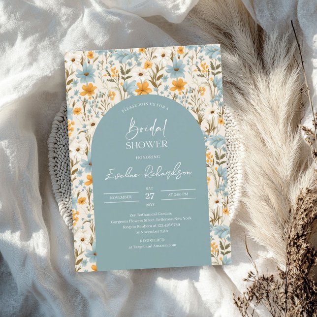 Boho arch vattencolor light blue gult wildblommor inbjudningar (Boho arch watercolor light blue yellow wildflowers invitation)