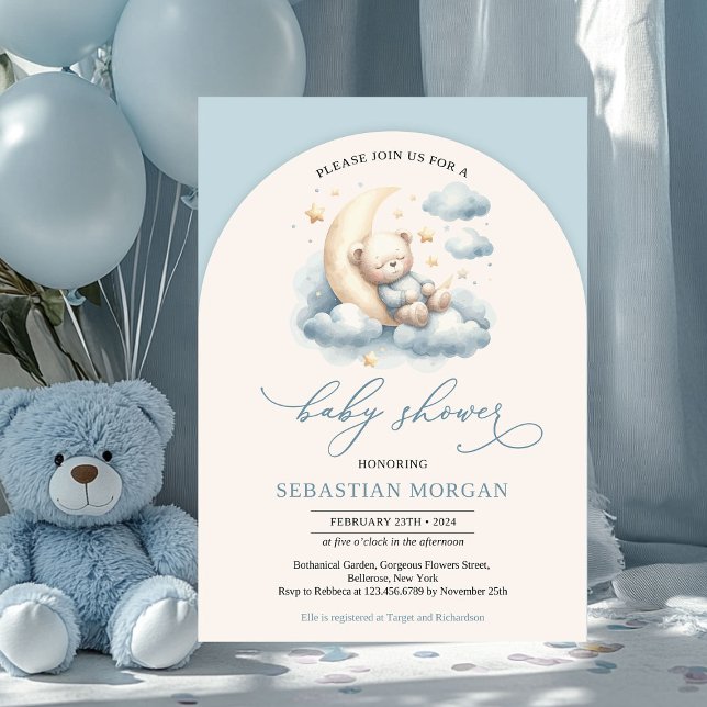 Boho arch vattencolor nalle blue och elfenben inbjudningar (cute sleeping teddy bear over the moon boy baby shower invitation)