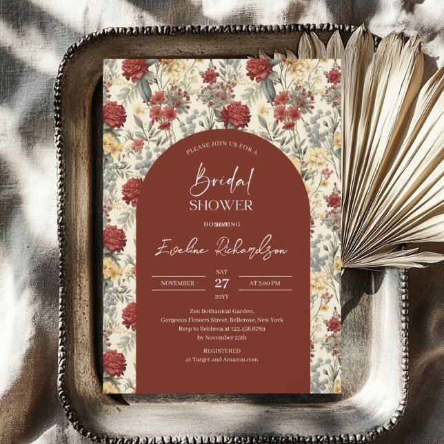 Boho arch vattencolor terracotta elfenbensblommor inbjudningar (Boho arch watercolor terracotta ivory wildflowers invitation)