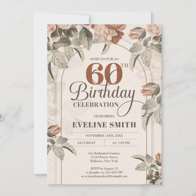 Boho arch vintage earthy färg blomsage inbjudningar (Framsida)