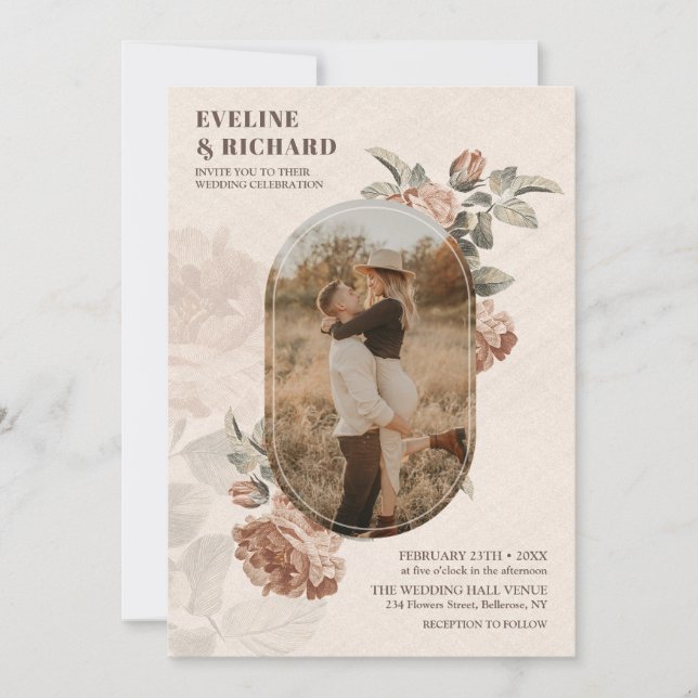 Boho arch vintage terracotta ro sage grönt inbjudningar (Framsida)