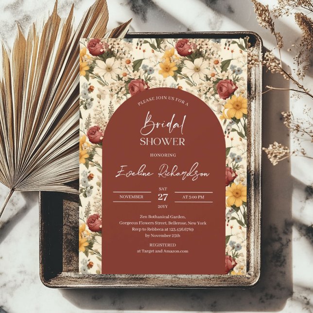 Boho arch watercolor teracotta gult wildblommor inbjudningar (Boho arch watercolor terracotta yellow wildflowers invitation)