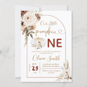 Boho Arch White Pumpkin 1st Birthday Pampas Grass Inbjudningar