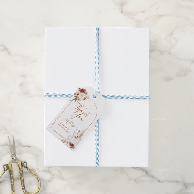 Boho Arch White Pumpkin Blommigt Tack Märkre Presentetikett (Med Snöre)