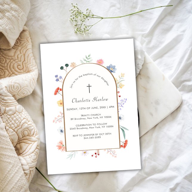 Boho Arch WildblomBlommigt Ram Kor Baptism Inbjudningar (Boho Arch Wildflower Floral Frame Cross Baptism Invitation)