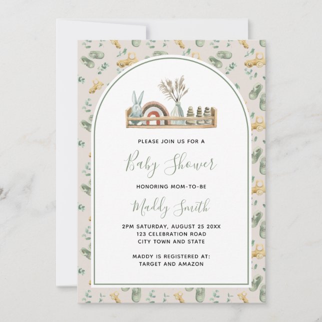 Boho Arch Wood Leksak Grönt Rainbow Baby Shower Inbjudningar (Framsida)