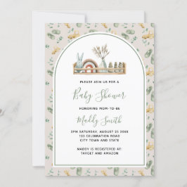 Boho Arch Wood Leksak Grönt Rainbow Baby Shower Inbjudningar