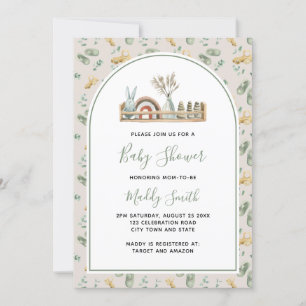 Boho Arch Wood Leksak Grönt Rainbow Baby Shower Inbjudningar