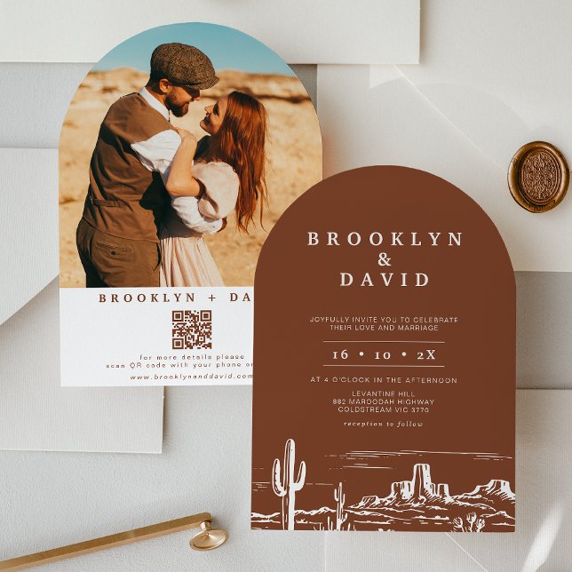 Boho Arched Terracotta Western Desert Bröllop Inbjudningar (Arched Terracotta Western Desert Wedding Invitation, Boho, Bohemian, Southern Country, Western)