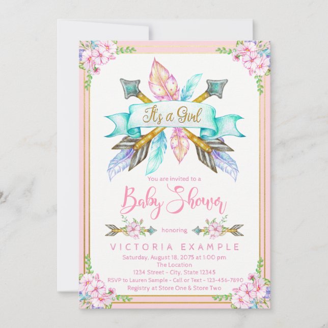 Boho Arrow Feather Girl Baby Shower-inbjudningar Inbjudningar (Framsida)